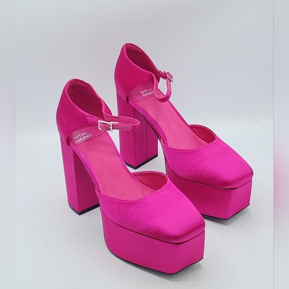 NWOB Jeffrey Campbell Edie Fuchsia Pink Satin Platform Heels – Size 8.5 - Picture 2 of 16
